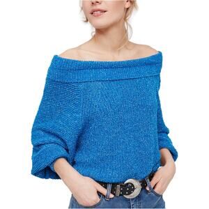 Free People Edessa Off the Shoulder Blue Pullover Balloon Sleeve Knit Sweater M